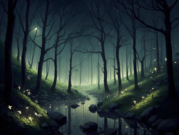Fantasy dark forest with fog and light generative ai