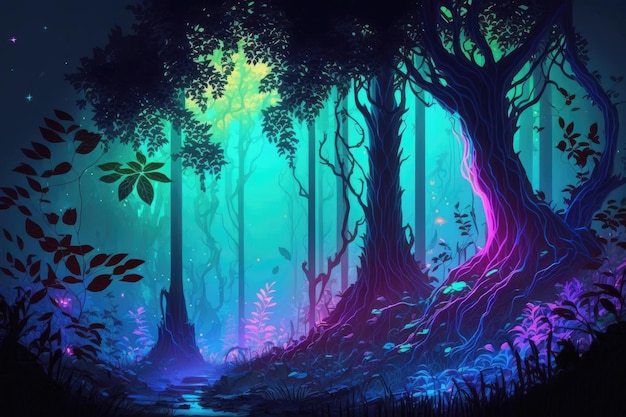 Fantasy dark forest with neon light