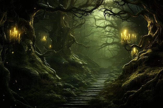 Fantasy dark forest with old tree lights and fog