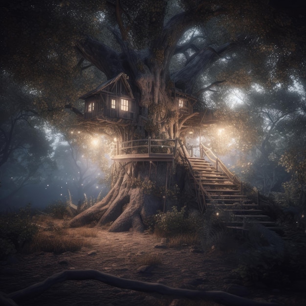 古い木と木製の階段のあるファンタジーの暗い森