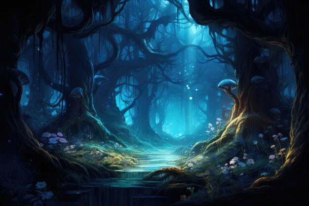 Fantasy dark forest with a river flowing in it fantasy design illustration