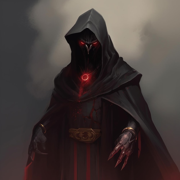 A fantasy dark lord wearing black robes and a black face mask red eyes AI generated