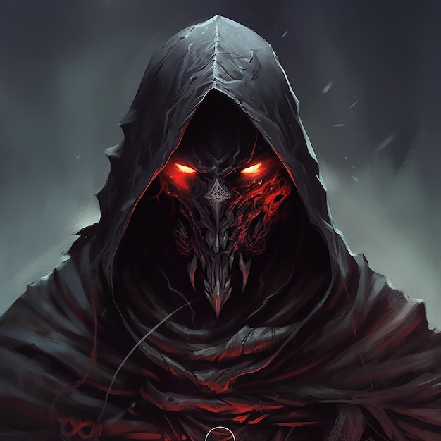 A fantasy dark lord wearing black robes and a black face mask red eyes AI generated