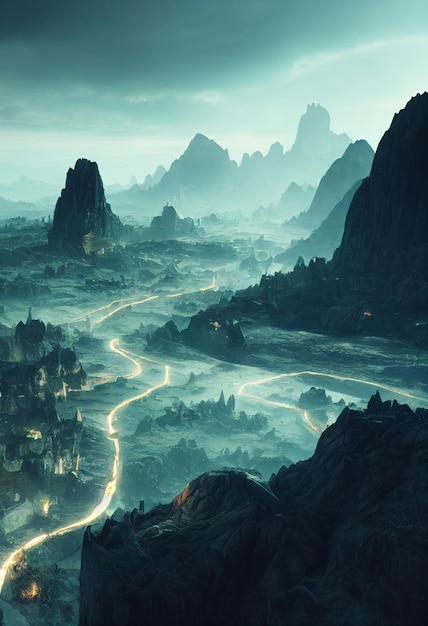 Fantasy dark Mountain Realistic Style Video Game39s Digital CG Artwork Concept Illustration AI Neural Network Computer Generated Art