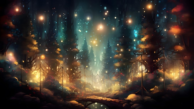 Fantasy dark shiny forest with fog trees and lights Christmas background