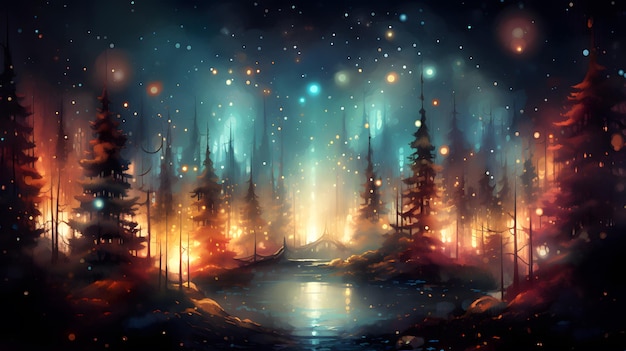 Fantasy dark shiny forest with fog trees and lights Christmas background