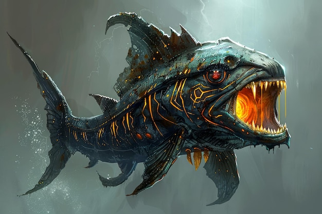 Photo fantasy deep sea predator fish illustration with fierce expression and vibrant colors in oceanic