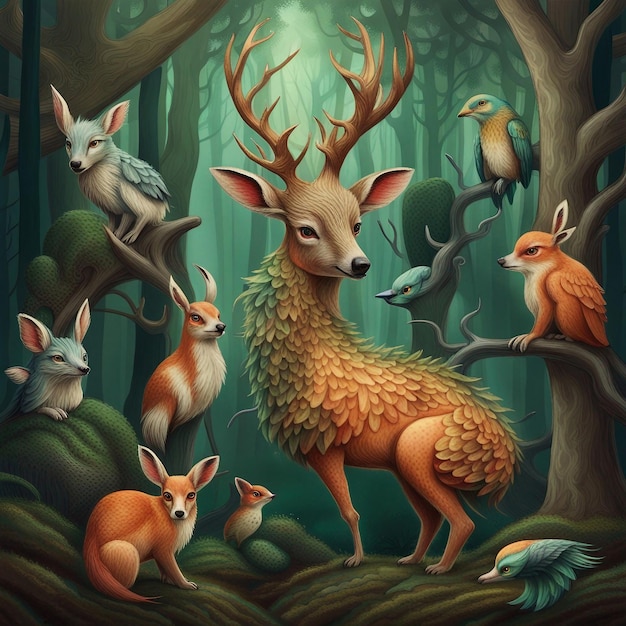 Fantasy deer with birds Digital art painting 3D illustration