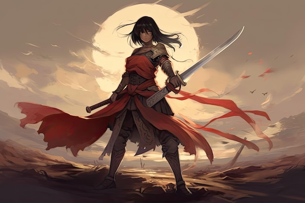 Fantasy digital art depicting a swordwielding anime female warrior