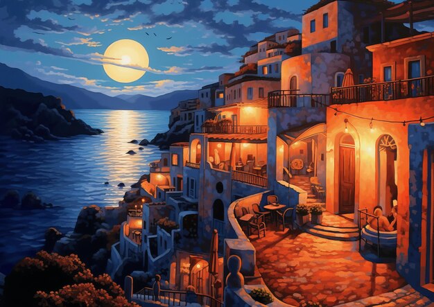 A fantasy digital painting featuring a night Italy city landscape