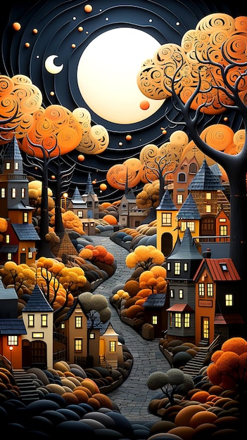 Fantasy digital painting that celebrates the enchanting beauty of an autumn town