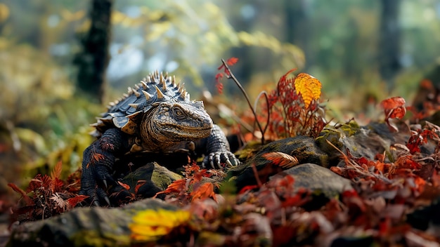 Fantasy dinosaur in a prehistoric forest