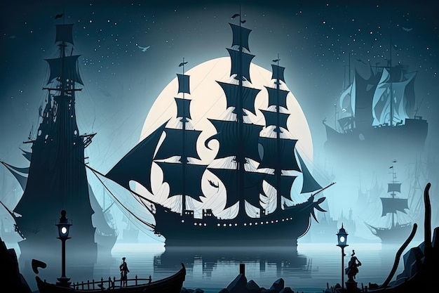 Fantasy Dockyard with Whimsical Ships Sailing into a Mysterious Mist