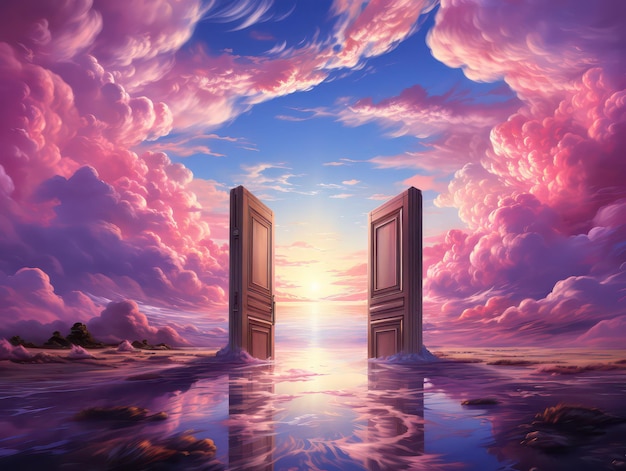 Fantasy door background beautiful world with clouds