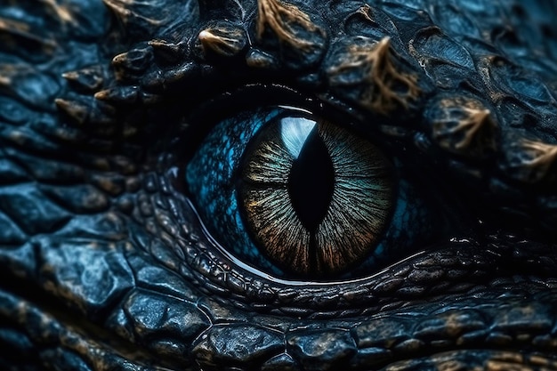 Fantasy dragon eye close up Generative AI illustration Ancient reptile