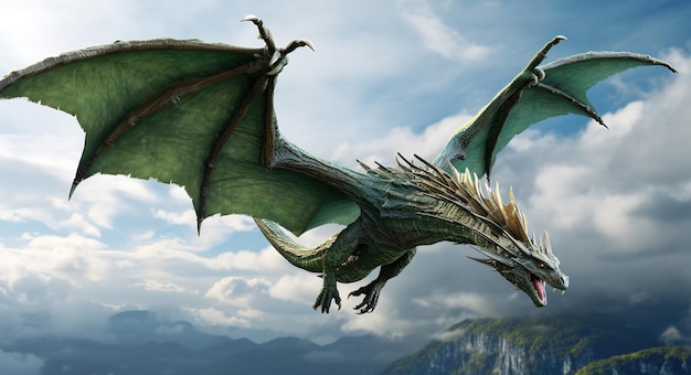 Фэнтезийный дракон Свирепый монстр Злобный дракон летит в воздухе Цифровая иллюстрация