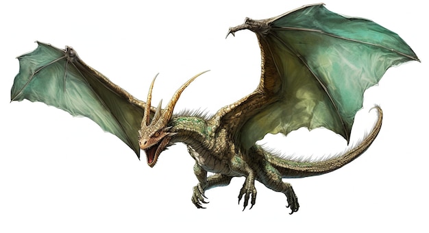 Фэнтезийный дракон Свирепый монстр Злобный дракон, летящий на белом фоне Цифровая иллюстрация