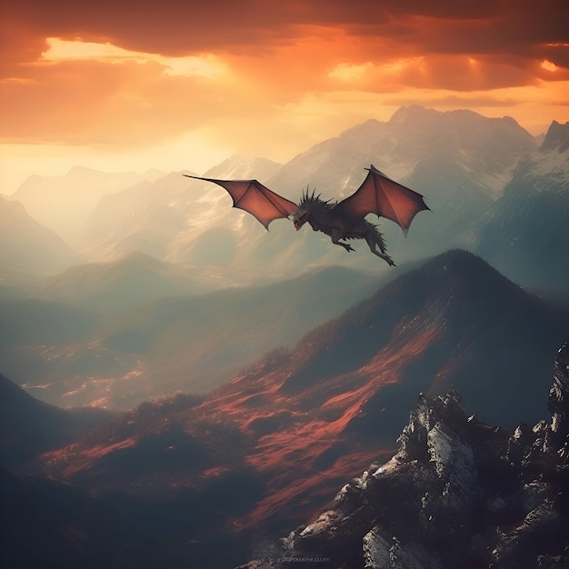 Fantasy dragon flying in the mountains at sunset 3d illustration