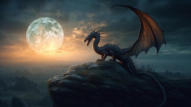 Foto drago fantasy e luna piena ai generativa