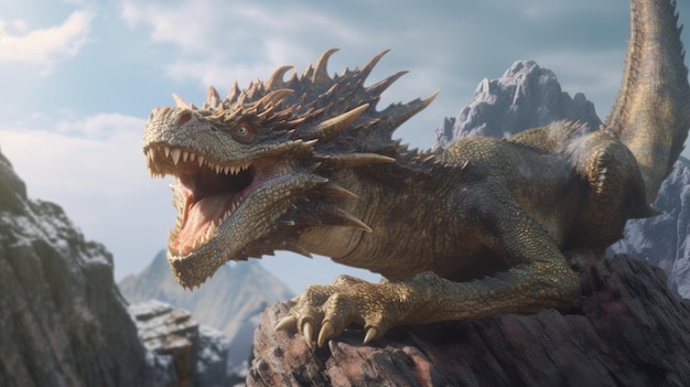 Fantasy dragon on the rock3D renderingGenerative AI