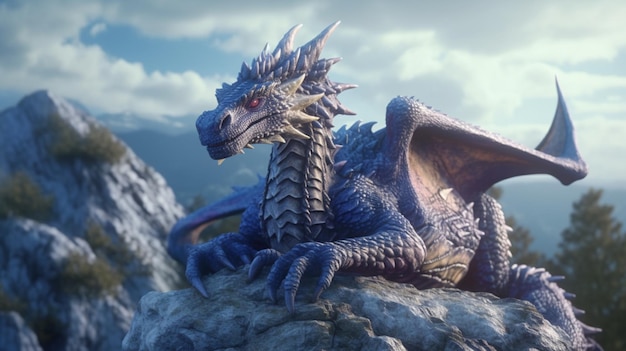 Fantasy dragon on the rock3D renderingGenerative AI