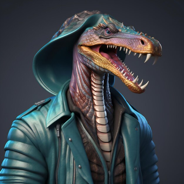 A fantasy dragon with a green jacket on a dark background