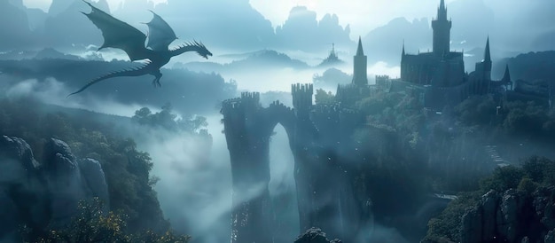 ファンタジー ドラゴン は 古代 の 城 の 上 に 飛び上がり,霧 に 包まれ た 景色 に 囲まれ て,ファンタジー 小説 の ページ に 運ば れ ます