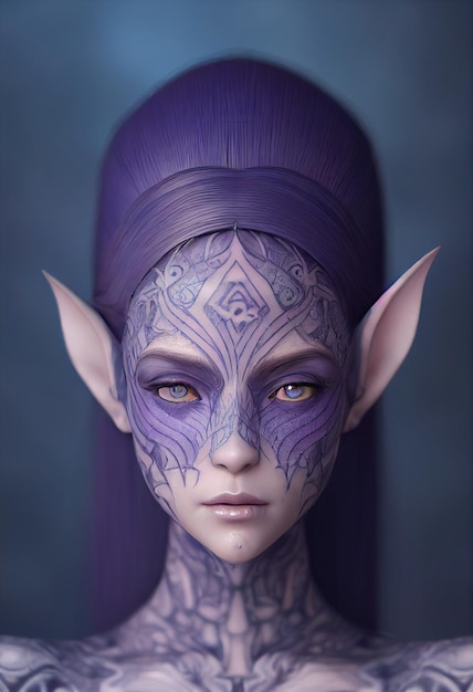 Fantasy elven woman with purple hair Long purple hair pointy elven ears beautiful makeup