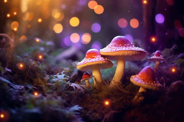 Fantasy enchanted fairy tale forest with magical Mushrooms Beautiful macro shot of magic mushr