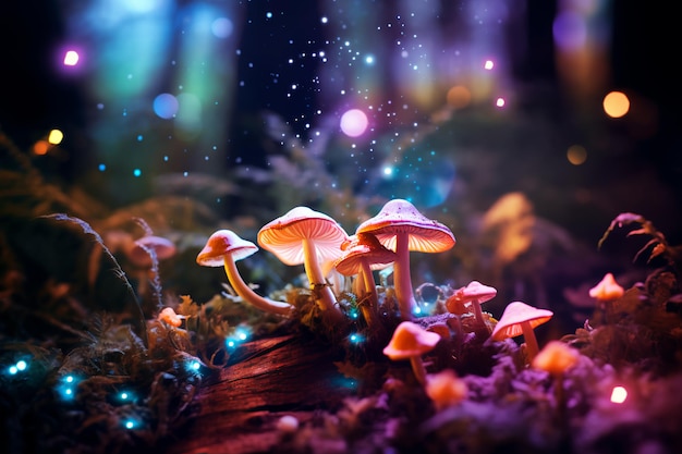 Photo fantasy enchanted fairy tale forest with magical mushrooms beautiful macro shot of magic mushr