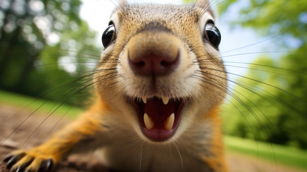 A fantasy evil squirrel with its mouth open and teeth showing ai