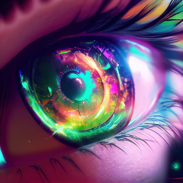 Photo fantasy eye with beautiful makeup closeup the eye with bright colors