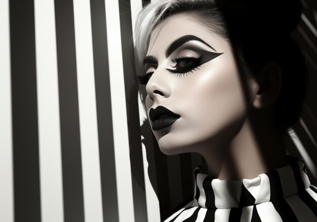 Photo fantasy face painting zebra look in white and black ai generative