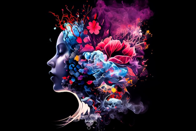 Fantasy face of a woman with colorful smoke on a black background Generative AI