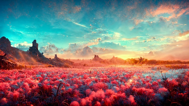 Fantasy fairy field of flowers in valley against Rocky Mountains