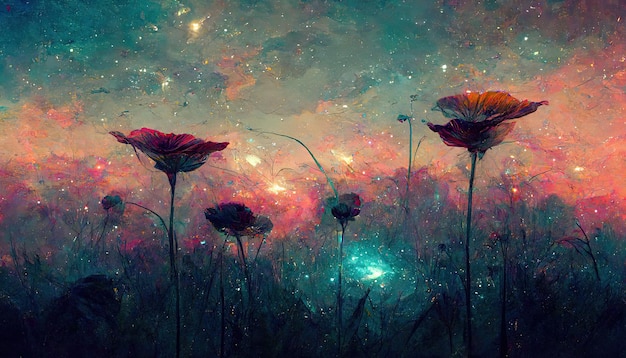 Fantasy fairy tail abstract blossoming flowers with galaxy space Universe illustration in background