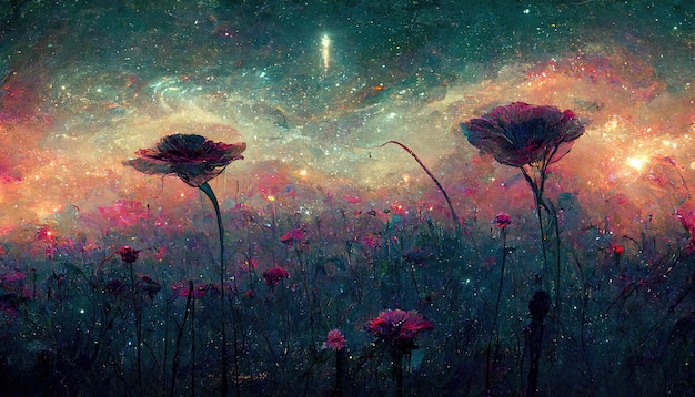 Photo fantasy fairy tail abstract blossoming flowers with galaxy space universe illustration in background