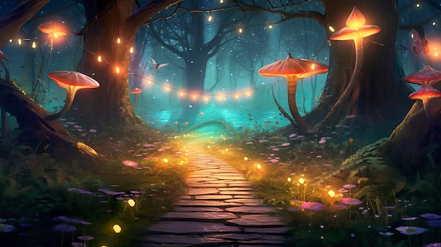 Fantasy fairy tale background with forest and blooming path Fabulous fairytale outdoor garden and moonlight background AI Generative