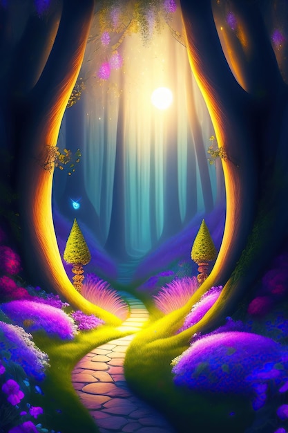 Fantasy fairy tale background with forest and blooming path