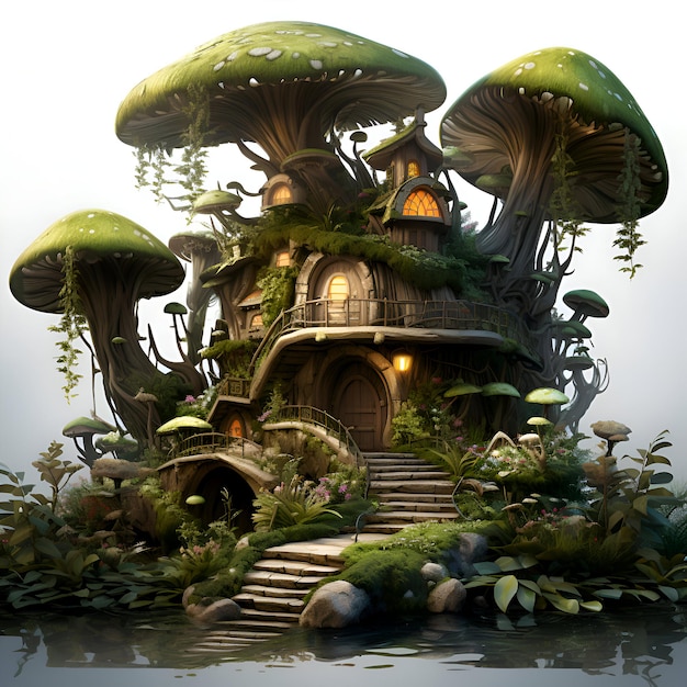 Fantasy fairy tale house made of mushrooms and trees 3d illustration