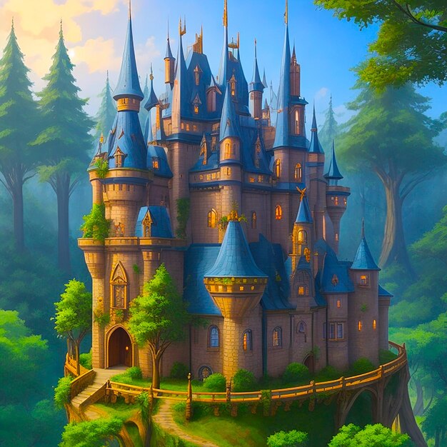 Fantasy fairytale castle in the forest with a tall pointed roof background generated by ai