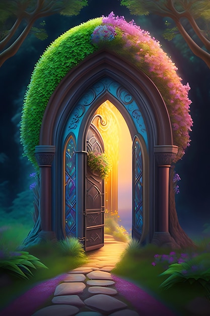 Fantasy fairytale forest with magic doors