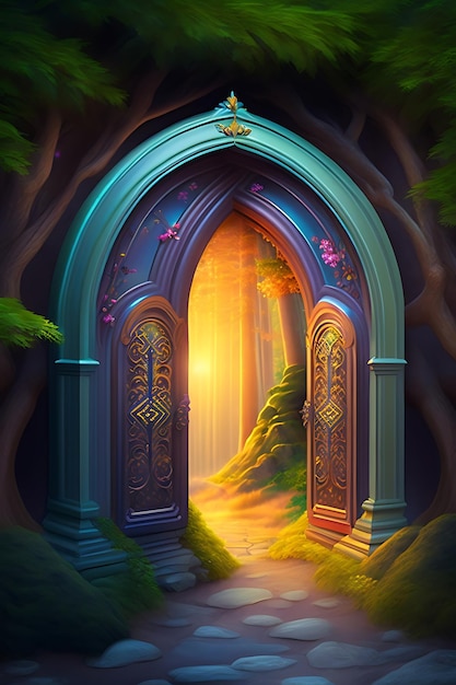 Фантастический сказочный лес с волшебными дверями