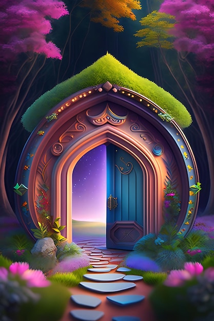 Fantasy fairytale forest with magic doors