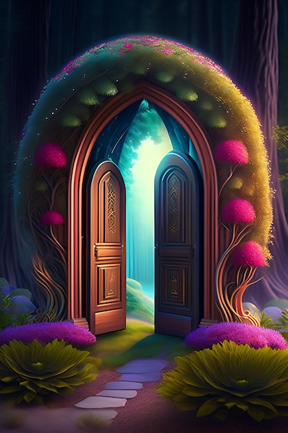 Fantasy fairytale forest with magic doors