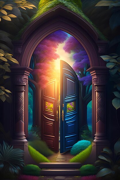 Photo fantasy fairytale forest with magic doors