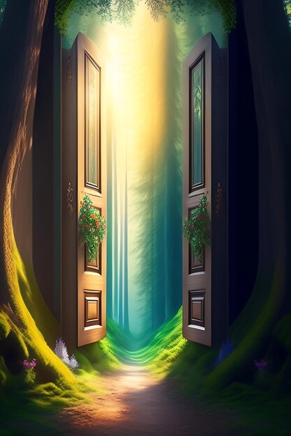 Fantasy fairytale forest with magic doors