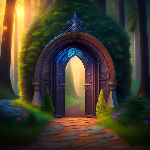 Fantasy fairytale forest with magic doors