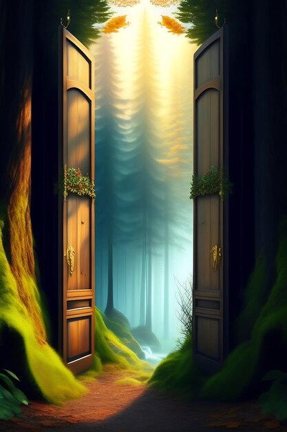 Fantasy fairytale forest with magic doors