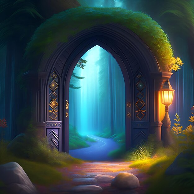 Fantasy fairytale forest with magic doors